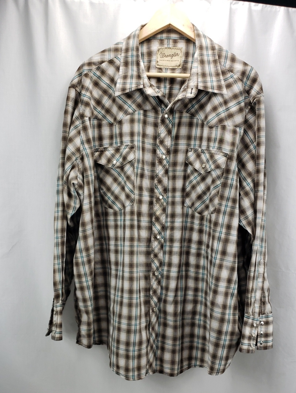 Wrangler Western Brown Plaid Pearl Snap Long Sleeve Shirt 2XL